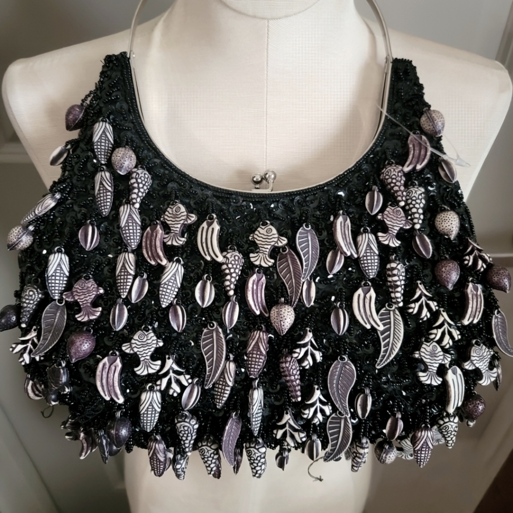 Black Vintage Novelty Handbag with Beaded Fringe